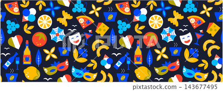 Seamless geometric ornament with colorful Italian symbols, summer travel, food and Mediterranean culture pattern, decorative vector background design Seamless geometric ornament with colorful Italian symbols, summer travel, food and Mediterranean culture pattern, decorative vector background design 143677495