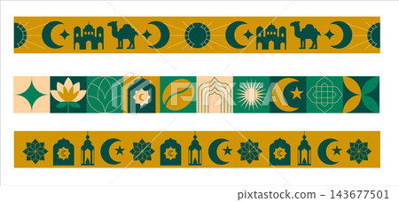 Set of Islamic Borders and Bookmarks, Geometric Shapes, Ornament Decorations with Cultural Arabic Symbols, Elegant Color in a vector illustration Set of Islamic Borders and Bookmarks, Geometric Shapes, Ornament Decorations with Cultural Arabic Symbols, Elegant Color in a vector illustration 143677501