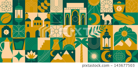 Mosaic Arabic Banner with Decorative Icons Seamless Islamic Geometric Pattern with Ornamental Symbols, Elegant Color Palette, Traditional Arabic Design Background Mosaic Arabic Banner with Decorative Icons Seamless Islamic Geometric Pattern with Ornamental Symbols, Elegant Color Palette, Traditional Arabic Design Background 143677503