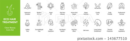 Eco hair treatment line art icon set, clean beauty cosmetic symbols collection, natural skincare and organic hair care outline icons, wellness vector illustration Eco hair treatment line art icon set, clean beauty cosmetic symbols collection, natural skincare and organic hair care outline icons, wellness vector illustration 143677510