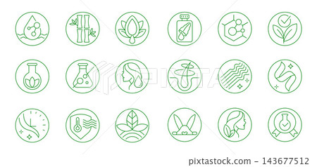 Round linear eco beauty badges set, editable outline cosmetic labels with organic hair treatment icons, clean skincare and wellness vector illustration Round linear eco beauty badges set, editable outline cosmetic labels with organic hair treatment icons, clean skincare and wellness vector illustration 143677512
