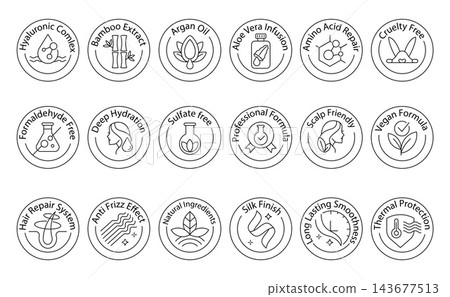 Editable round badges set for eco beauty branding, linear cosmetic labels with organic hair care icons, isolated clean beauty vector emblems Editable round badges set for eco beauty branding, linear cosmetic labels with organic hair care icons, isolated clean beauty vector emblems 143677513