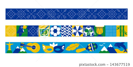 Geometric border set with Brazil symbols and travel icons. Creative frame and bookmarks inspired by tropical vacation, summer culture and Brazilian decorative ornaments Geometric border set with Brazil symbols and travel icons. Creative frame and bookmarks inspired by tropical vacation, summer culture and Brazilian decorative ornaments 143677519