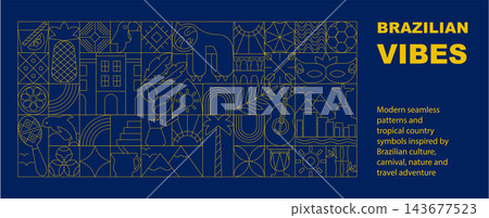 Brazilian mosaic art deco composition with line art icons in geometric style. Modern travel illustration inspired by Brazil culture, food, tourism and tropical lifestyle Brazilian mosaic art deco composition with line art icons in geometric style. Modern travel illustration inspired by Brazil culture, food, tourism and tropical lifestyle 143677523
