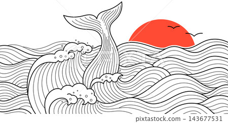 Japanese Ocean Waves with Whale Tail Banner, Hand-Drawn Line Art Nature Background, Oriental Doodle Sea Illustration, Modern Design 143677531