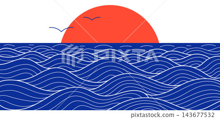 Japanese Sun and Ocean Waves Banner, Hand-Drawn Line Art Background, Abstract Asian Landscape Doodle Illustration for Wallpaper and Branding 143677532