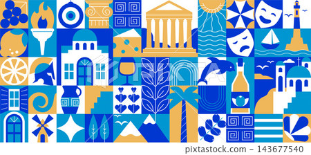 Greek Pattern with Square Mosaic Tiles and Traditional Symbols, Blue and White Travel Icons. Set with Cultural Signs, Architecture Elements, and Geometric Background Design Greek Pattern with Square Mosaic Tiles and Traditional Symbols, Blue and White Travel Icons. Set with Cultural Signs, Architecture Elements, and Geometric Background Design 143677540