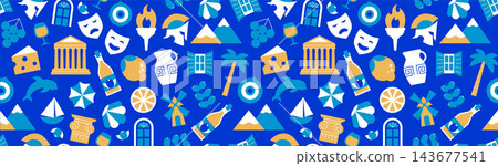 Seamless geometric Greece background with cultural icons and country symbols. Modern colorful summer pattern, cover inspired by vacation, travel aesthetic i n a vector illustration. Seamless geometric Greece background with cultural icons and country symbols. Modern colorful summer pattern, cover inspired by vacation, travel aesthetic i n a vector illustration. 143677541
