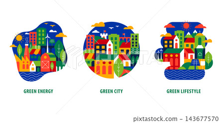 Green city composition set in flat geometric style, environmental protection, and ecology concept with renewable energy, recycling and sustainable urban lifestyle, eco town element, illustration for 143677570