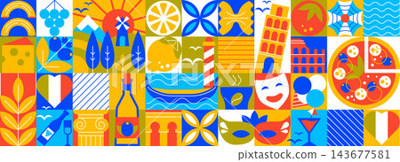 Seamless Italian symbol pattern with geometric mosaic ornament, abstract travel banner with simple cultural icons, Mediterranean heritage, background design Seamless Italian symbol pattern with geometric mosaic ornament, abstract travel banner with simple cultural icons, Mediterranean heritage, background design 143677581