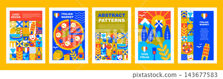 Italian symbol poster and banner set with geometric mosaic pattern, abstract Mediterranean travel graphics and simple cultural icons, modern illustration Italian symbol poster and banner set with geometric mosaic pattern, abstract Mediterranean travel graphics and simple cultural icons, modern illustration 143677583