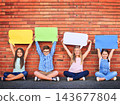 Kids, wall and outdoor with speech bubble in portrait or fun and colors for promotion and advertisement. People, banner and happy with creativity for child development in smile as friends with mockup 143677804