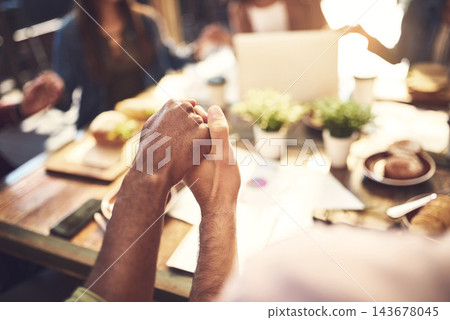 People, praying and holding hands in cafe with connection for blessings, grace and appreciation. Synergy, guidance and hope with spirituality for thanks or protection as students in study group 143678045