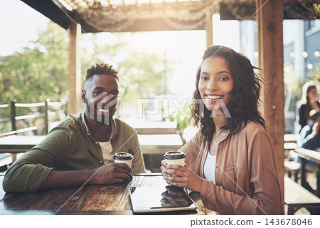 Restaurant, internet and portrait of couple with tablet for online menu, search or connection. Technology, man and woman with love on date in coffee shop for digital survey, network or communication Restaurant, internet and portrait of couple with tablet for online menu, search or connection. Technology, man and woman with love on date in coffee shop for digital survey, network or communication 143678046