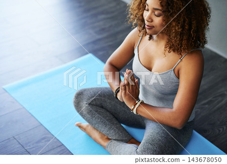 Home, woman and calm with meditation on mat for inner peace, mindfulness and chakra balance. Top view, female person and relax with spiritual healing exercise for holistic, awareness or mental health 143678050
