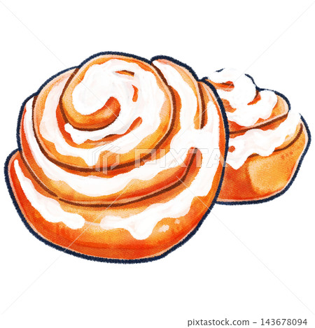 A hand-drawn illustration of a sugar-coated cinnamon roll A hand-drawn illustration of a sugar-coated cinnamon roll 143678094