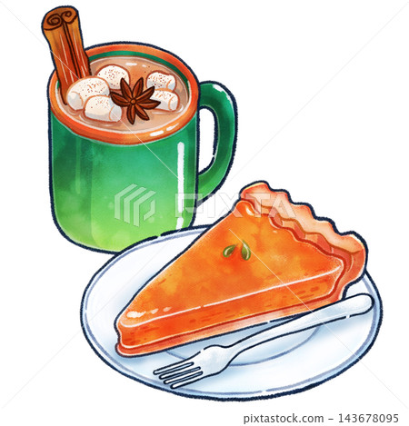 Hand-drawn illustration of pumpkin tart and chai Hand-drawn illustration of pumpkin tart and chai 143678095