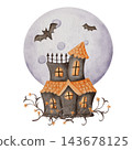 Haunted Halloween House with Orange Roof, Glowing Windows, Flying Bats and Autumn Vines, Cute Watercolor Illustration 143678125