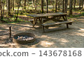 Wooden picnic table beside a metal fire ring in a sunlit forest clearing at an outdoor campsite 143678168