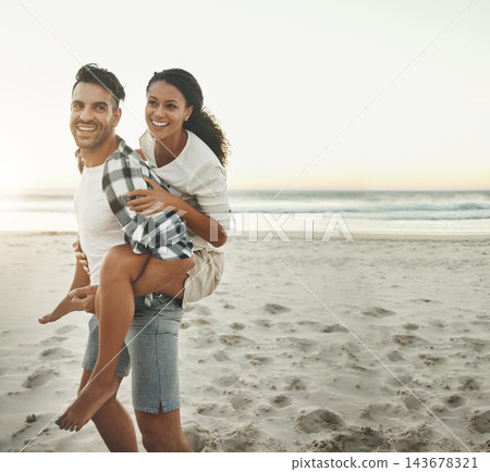 Couple, piggy back and beach with space for mock up, love and happy for connection on adventure. Woman, man and excited on holiday, games and laughing in nature by sea, waves and freedom at sunset Couple, piggy back and beach with space for mock up, love and happy for connection on adventure. Woman, man and excited on holiday, games and laughing in nature by sea, waves and freedom at sunset 143678321