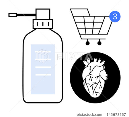 Digital health, e-commerce, medical supplies, hygiene, organ care, cardiology. Sanitizer bottle, heart icon shopping cart with notification. Digital health and e-commerce 143678367