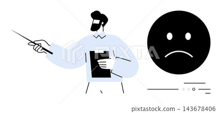 Education, feedback, presentation, business analysis, communication, training. A presenter holding a clipboard points at a sad face icon. Feedback and communication concept Education, feedback, presentation, business analysis, communication, training. A presenter holding a clipboard points at a sad face icon. Feedback and communication concept 143678406
