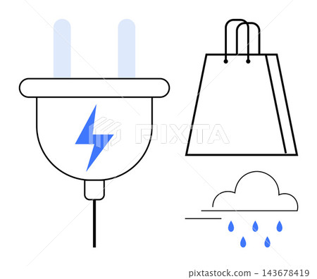 Sustainability, environment, eco-friendly shopping, renewable energy, electric solutions, climate change. Electric plug, shopping bag raindrop cloud. Renewable energy and eco-friendly shopping Sustainability, environment, eco-friendly shopping, renewable energy, electric solutions, climate change. Electric plug, shopping bag raindrop cloud. Renewable energy and eco-friendly shopping 143678419