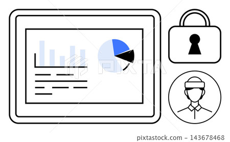Data security, analytics, identity protection, privacy, business intelligence, and technology solutions. A tablet showing graphs, a lock symbol and a user icon. Data security and analytics concept Data security, analytics, identity protection, privacy, business intelligence, and technology solutions. A tablet showing graphs, a lock symbol and a user icon. Data security and analytics concept 143678468