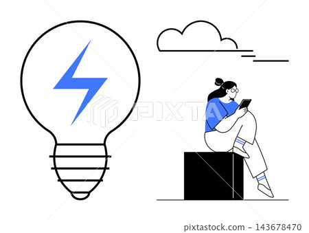 Innovation, technology, remote work, creativity, brainstorming, and gadget usage. A lightning bolt inside a bulb and a person with a tablet under a cloud. Innovation and technology concept Innovation, technology, remote work, creativity, brainstorming, and gadget usage. A lightning bolt inside a bulb and a person with a tablet under a cloud. Innovation and technology concept 143678470