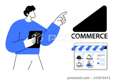 E-commerce, digital marketing, online shopping, retail, internet business, technology adoption. Person pointing at a screen and online store graphic. E-commerce and digital marketing concept E-commerce, digital marketing, online shopping, retail, internet business, technology adoption. Person pointing at a screen and online store graphic. E-commerce and digital marketing concept 143678472