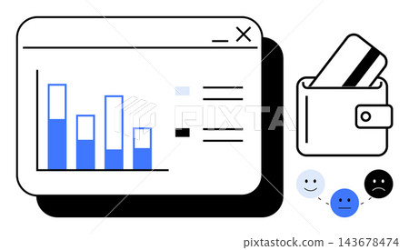Financial analysis, budgeting, expense tracking, payment processes, user behavior, decision-making. Bar charts, wallet with card emotional faces in sequence. Financial analysis and budgeting concept Financial analysis, budgeting, expense tracking, payment processes, user behavior, decision-making. Bar charts, wallet with card emotional faces in sequence. Financial analysis and budgeting concept 143678474