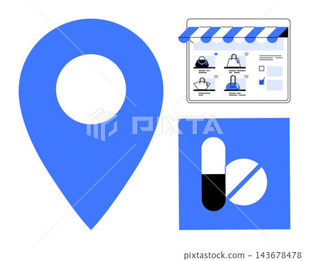 Location services, online shopping, e-commerce, pharmacy services, delivery tracking, healthcare apps. Blue map pin icon, storefront illustration and pill graphic. Location services and online 143678478