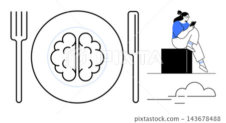 Mental health, mindful eating, cognitive function, wellness, technology balance, stress reduction. A brain on a plate with cutlery and a person using a phone. Mental health and mindful eating concept Mental health, mindful eating, cognitive function, wellness, technology balance, stress reduction. A brain on a plate with cutlery and a person using a phone. Mental health and mindful eating concept 143678488