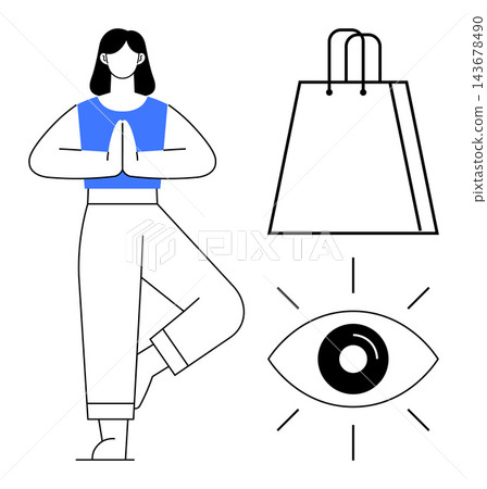 Mindfulness, shopping trends, personal growth, brand awareness, healthy habits, consumer behavior. Woman in tree yoga pose with shopping bag and eye symbol. Mindfulness and shopping trends concept Mindfulness, shopping trends, personal growth, brand awareness, healthy habits, consumer behavior. Woman in tree yoga pose with shopping bag and eye symbol. Mindfulness and shopping trends concept 143678490