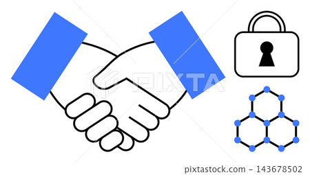 Business deals, data security, blockchain, partnerships, trust, technology innovation. Two hands shaking, a lock and a hexagonal structure. Business deals and data security concept 143678502