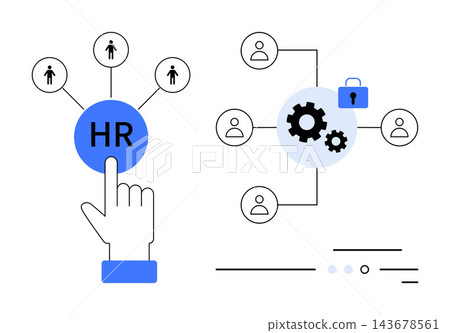 Human resources, employee management, data security, team building, automation, personnel network. Hand pointing to HR node, connected figures gears and lock. Human resources and data security 143678561