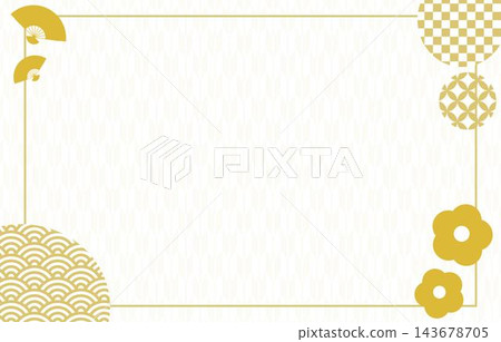 Pale yellow Japanese pattern frame background with traditional Japanese designs such as seigaiha (wave pattern) and ichimatsu (checkerboard pattern). Pale yellow Japanese pattern frame background with traditional Japanese designs such as seigaiha (wave pattern) and ichimatsu (checkerboard pattern). 143678705