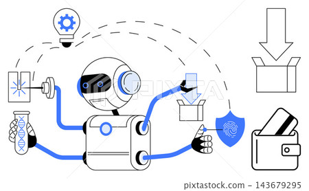 Artificial intelligence, robotics, smart tech, innovation, digital automation, and futuristic ideas. Robot with multiple arms handling genetic sample, card and box. AI and robotic tasks concept 143679295