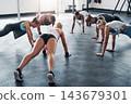 People, gym and push up exercise for wellness in health club, fitness workout and strength for muscles with group. Challenge, body and core power for abdominal training, determination and endurance 143679301
