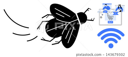 Online shopping, e-commerce, technology, innovation, connectivity, network . A flying insect near a digital cart and wireless symbol. E-commerce and technology as key 143679302