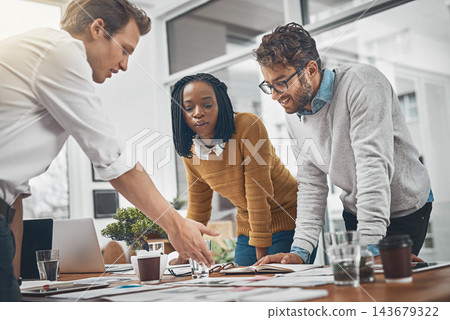 People, group and business meeting with diversity in office as web developer in digital agency, workshop or company. Team, collaboration and research with documents, growth or career in brand design 143679322