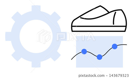 Technology, sports, analytics, business strategy, performance tracking, innovation. A gear, sneaker and data chart with points connected by a line. Technology and analytics concept Technology, sports, analytics, business strategy, performance tracking, innovation. A gear, sneaker and data chart with points connected by a line. Technology and analytics concept 143679323