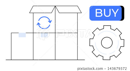 Online shopping, logistics, automation, inventory management, shipping, supply chain. Open box with arrows, settings gear buy button. E-commerce and logistics concept 143679372