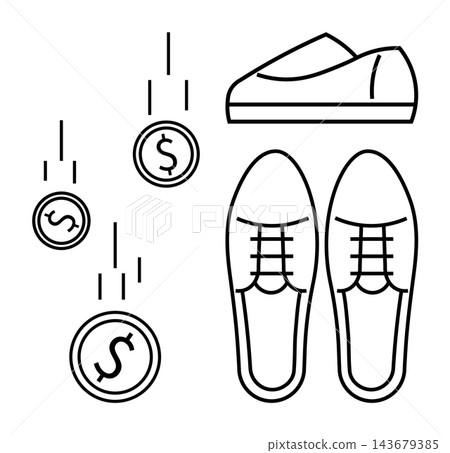 Finance management, shopping, investment returns, smart spending, footwear retail, ecommerce. Shoes and falling dollar coins. Finance management and shopping concept Finance management, shopping, investment returns, smart spending, footwear retail, ecommerce. Shoes and falling dollar coins. Finance management and shopping concept 143679385