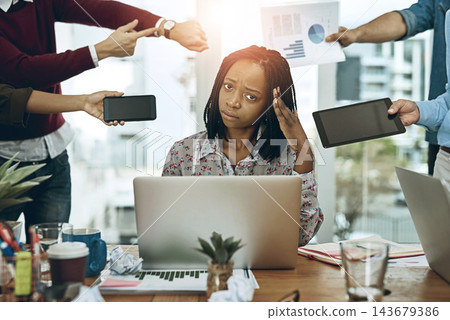 African woman, overwhelmed and chaos in office with hands, staff and documents for deadline at startup. Person, stress and multitasking with paperwork, charts and time management with technology African woman, overwhelmed and chaos in office with hands, staff and documents for deadline at startup. Person, stress and multitasking with paperwork, charts and time management with technology 143679386