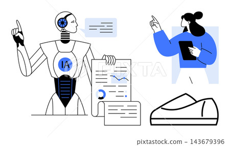 Artificial intelligence, teamwork, data analysis, human-machine interaction, education, technology trends. A robot presenting data and a person with a tablet engaged. AI collaboration and teamwork Artificial intelligence, teamwork, data analysis, human-machine interaction, education, technology trends. A robot presenting data and a person with a tablet engaged. AI collaboration and teamwork 143679396