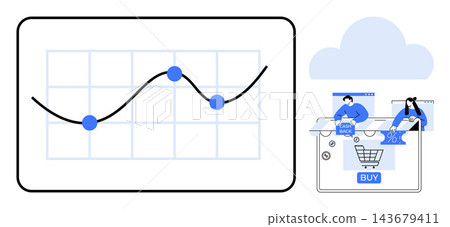 E-commerce, analytics, data visualization, online shopping, sales strategies, cloud storage. Graph with connected points on a grid and online shopping interface with icons. E-commerce and analytics E-commerce, analytics, data visualization, online shopping, sales strategies, cloud storage. Graph with connected points on a grid and online shopping interface with icons. E-commerce and analytics 143679411