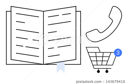 Communication, online shopping, education, notifications, digital services, business. Open book with ribbon, cart with notification bubble and phone icon. Communication and online shopping concepts Communication, online shopping, education, notifications, digital services, business. Open book with ribbon, cart with notification bubble and phone icon. Communication and online shopping concepts 143679418