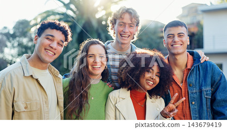 Friends, group and portrait outdoor for holiday, social and get together or hangout with diversity in backyard. Excited face of young people with peace sign, support and happy for vacation or break Friends, group and portrait outdoor for holiday, social and get together or hangout with diversity in backyard. Excited face of young people with peace sign, support and happy for vacation or break 143679419