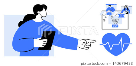 Healthcare innovation, e-commerce trends, online services, technology usage, customer experience, wellness monitoring. Person holding a tablet, pointing to icons of online shopping and heartbeat Healthcare innovation, e-commerce trends, online services, technology usage, customer experience, wellness monitoring. Person holding a tablet, pointing to icons of online shopping and heartbeat 143679458